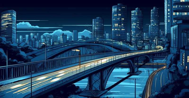 大桥霓虹灯车流卡通手绘场景,插画/手绘图,插画/手绘图库,插画/手绘图下载,插画/手绘